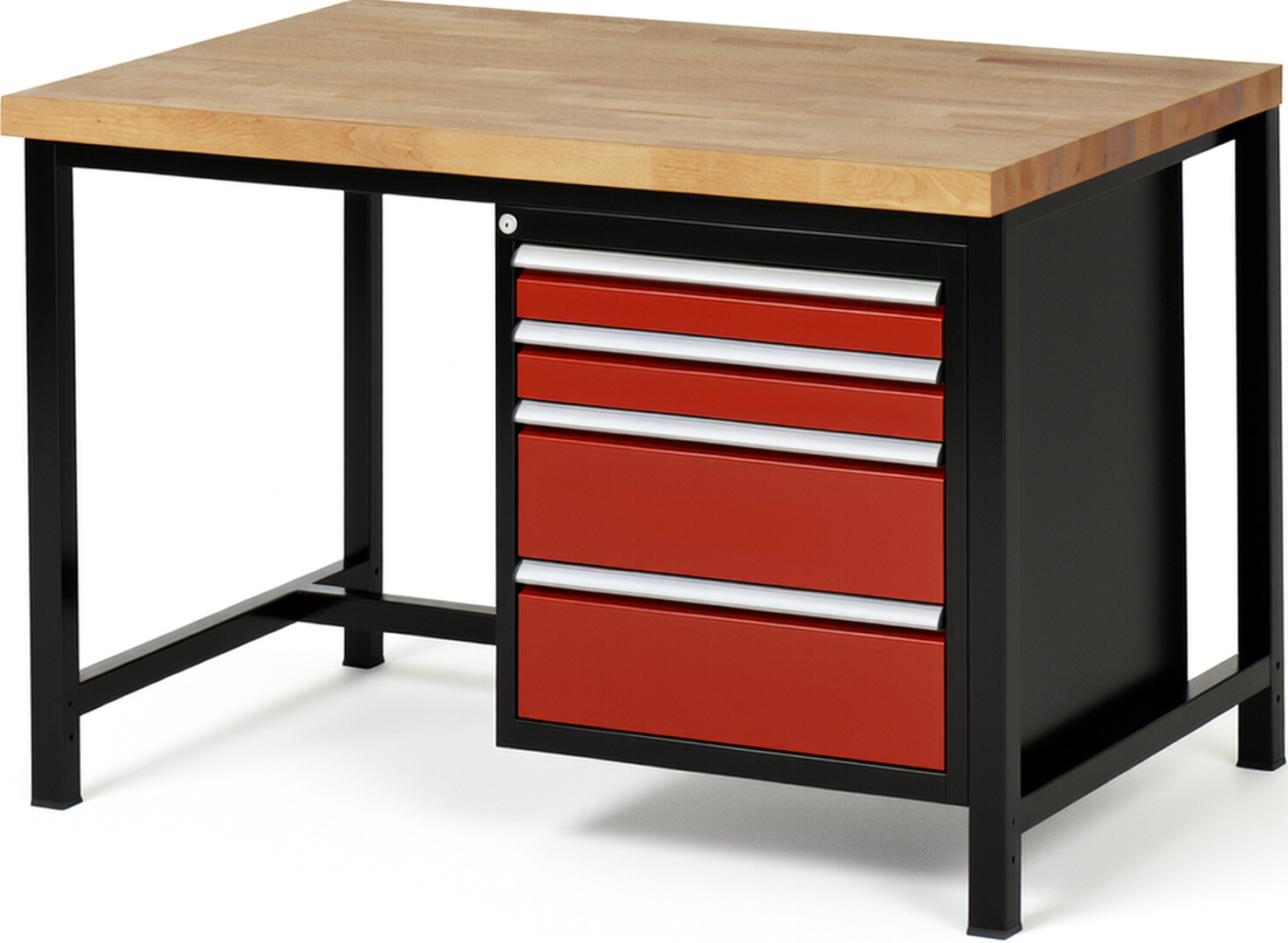 Werkbank Modell 8161 schwarz-rot, BxTxH 1250x900x840 mm,  Buche-Massiv Arbeitsplatte 40 mm,  4 Schubladen mit  Vollauszug 100 % und  SoftClosing