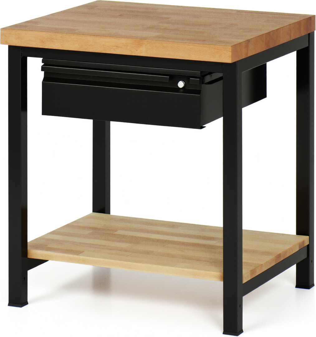 Werkbank - Modell 8001 BASIC schwarz, BxTxH 750x700x840-1040 mm,  Buche-Massiv Arbeitsplatte 40 mm,  1 Schublade mit  Auszug 90 %