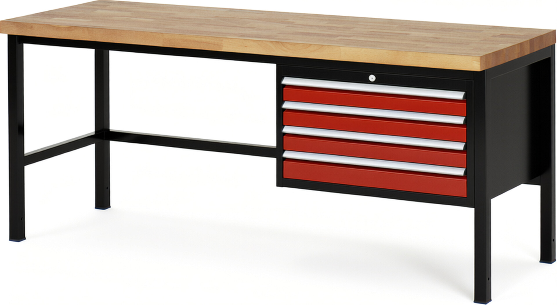 RAU Werkbank schwarz - rot - Breite 200 cm - Tiefe 70 cm - Höhe 104 cm - Buche-Massiv Arbeitsplatte 40 mm