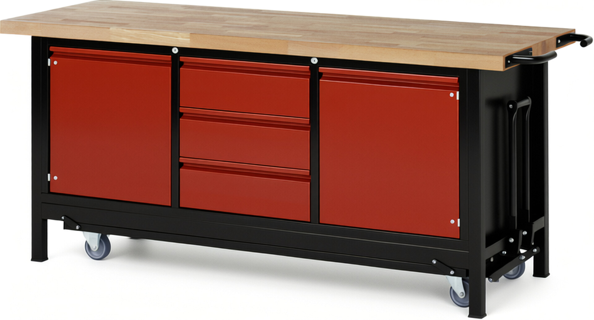 RAU Werkbank schwarz - rot - Breite 200 cm - Tiefe 70 cm - Höhe 88 cm - Buche-Massiv Arbeitsplatte 40 mm