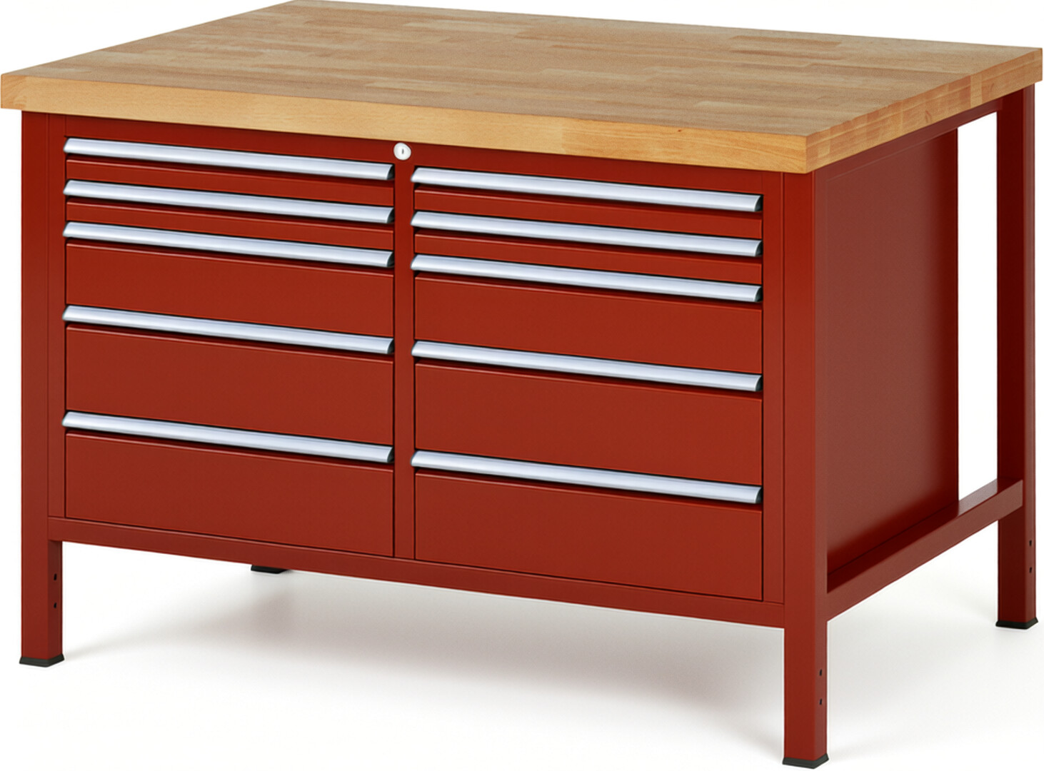 Werkbank Modell 8480 rot, BxTxH 1250x900x840-1040 mm,  Buche-Massiv Arbeitsplatte 40 mm,  10 Schubladen mit  Auszug 90 %