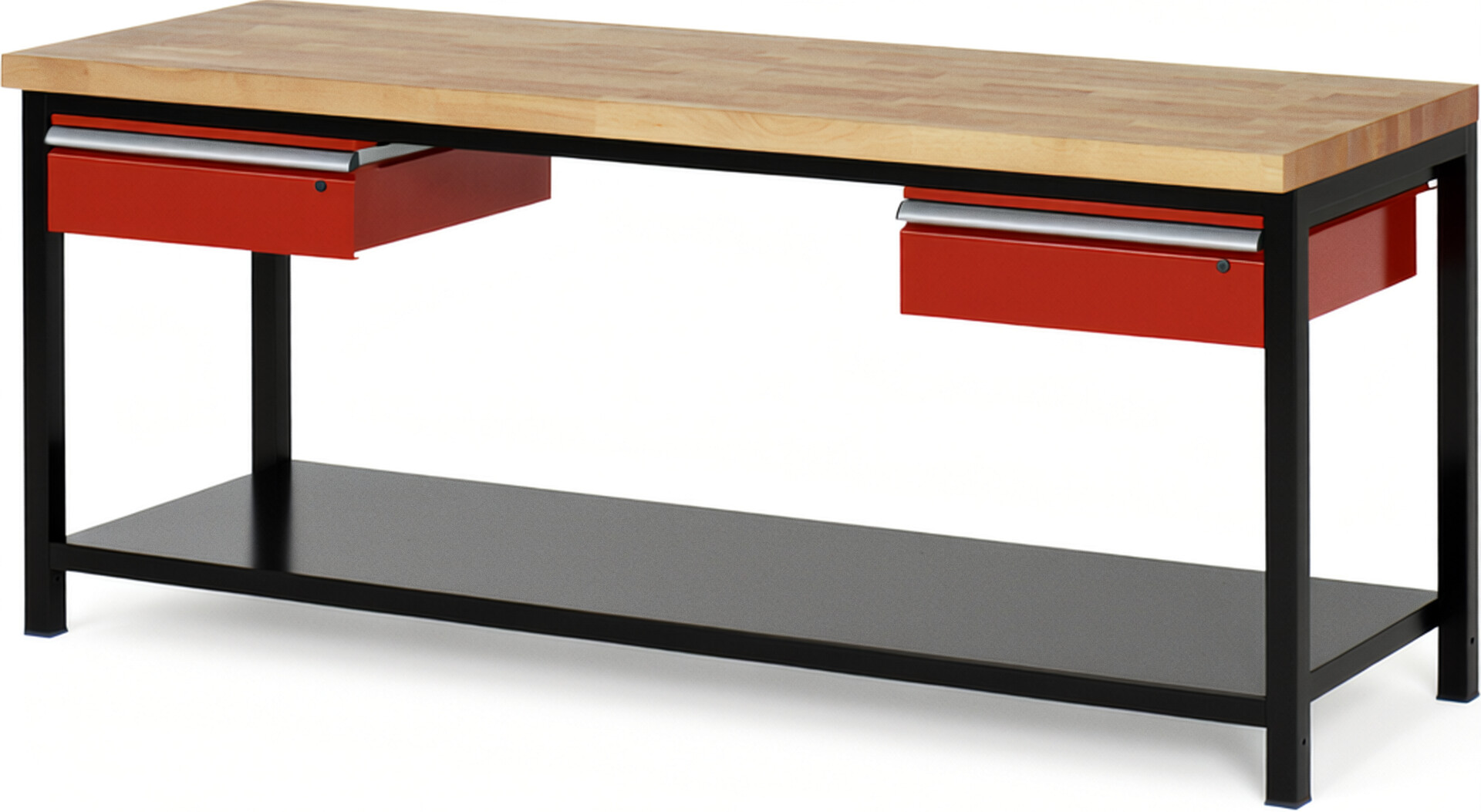 RAU Werkbank schwarz - rot - Breite 200 cm - Tiefe 70 cm - Höhe 104 cm - Buche-Massiv Arbeitsplatte 40 mm