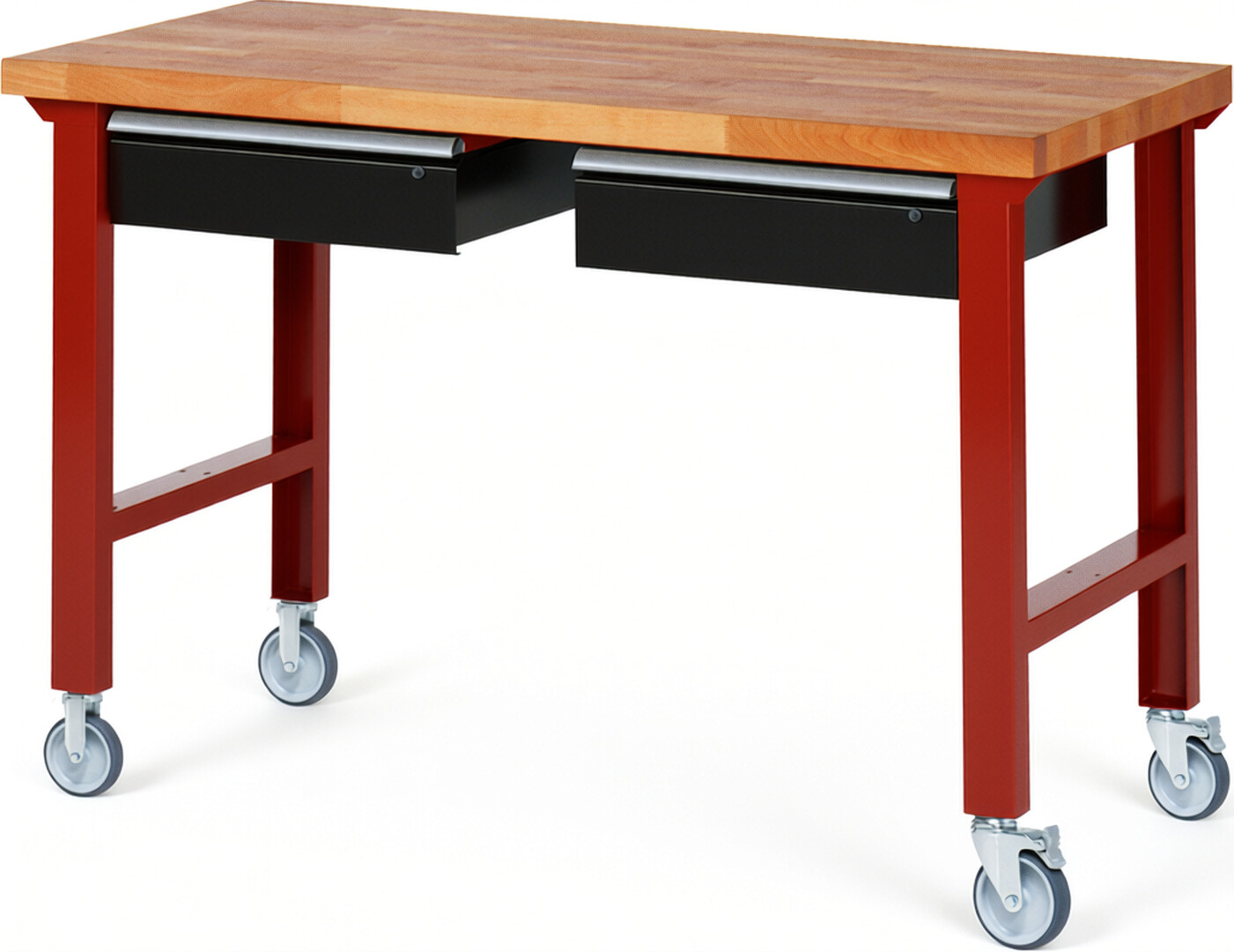 Fahrbare Werkbank Modell 7002 rot - schwarz, BxTxH 1500x700x1000 mm,  Buche-Massiv Arbeitsplatte 40 mm,  2 Schubladen mit  Auszug 90 %
