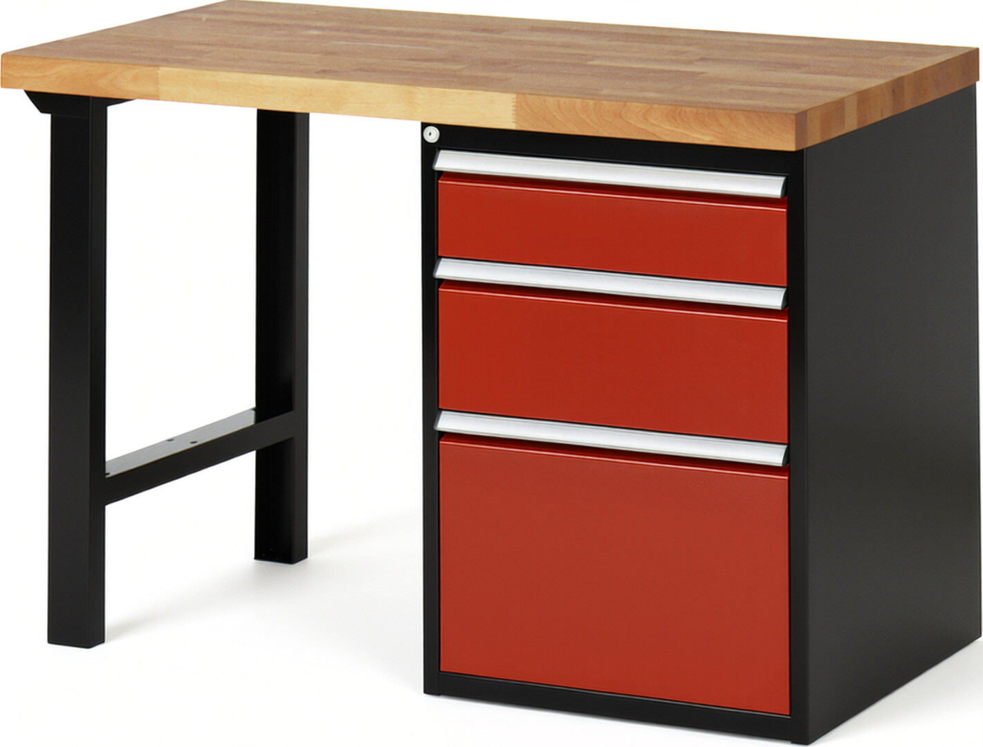 RAU Werkbank schwarz - rot - Breite 125 cm - Tiefe 70 cm - Höhe 84 cm - Buche-Massiv Arbeitsplatte 40 mm