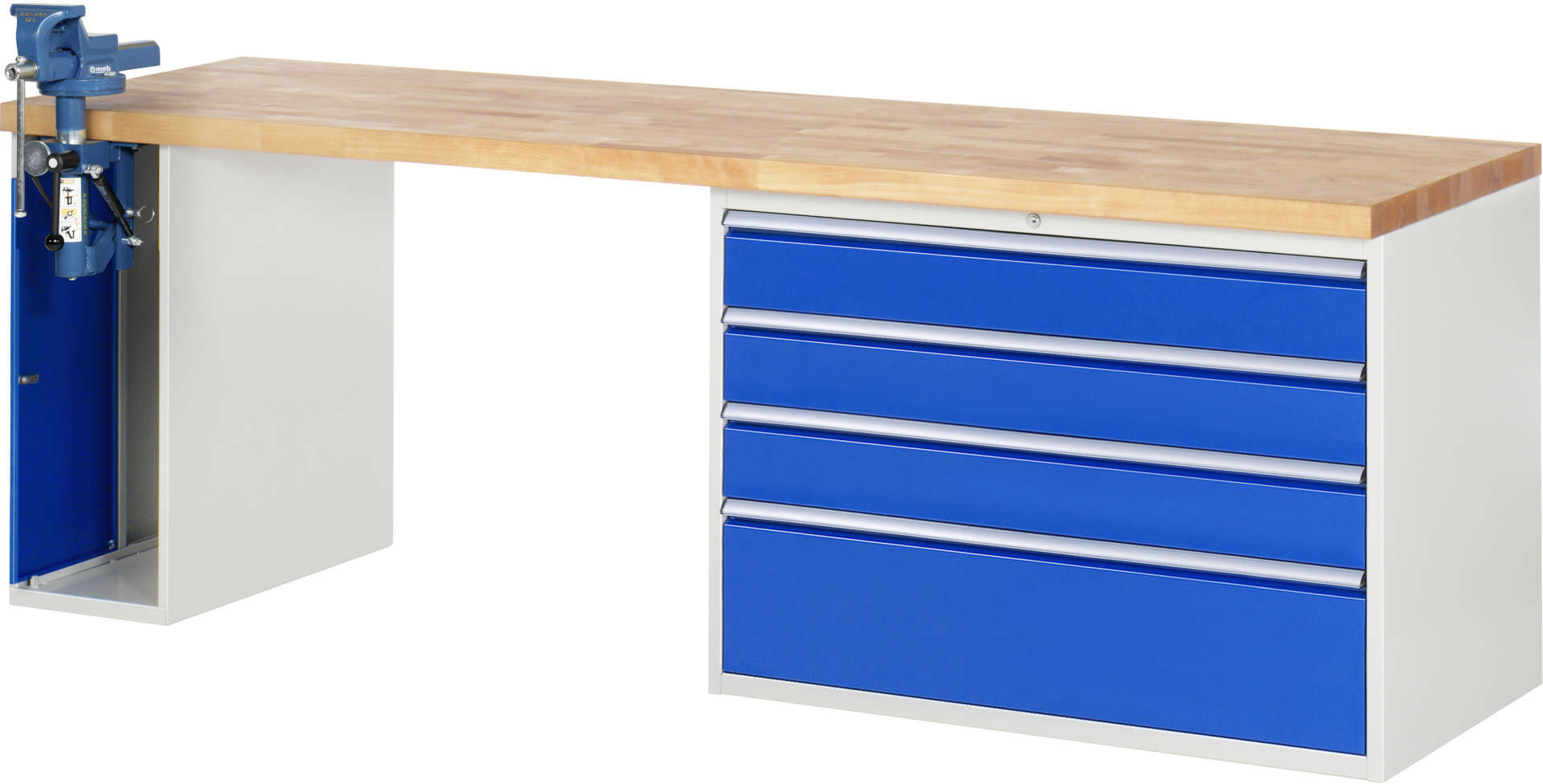 Werkbank Modell 7710 rot - schwarz, BxTxH 2500x700x890 mm,  Buche-Massiv Arbeitsplatte 40 mm,  4 Schubladen mit  Vollauszug 100 % und  SoftClosing