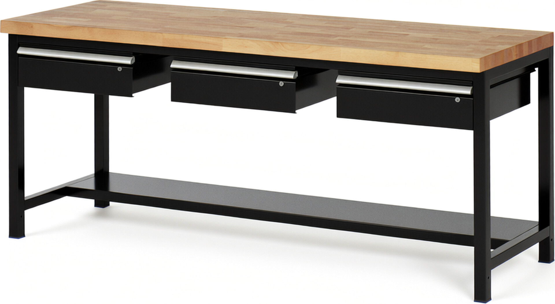 Werkbank Modell 8003 schwarz, BxTxH 2000x900x840 mm,  Buche-Massiv Arbeitsplatte 40 mm,  3 Schubladen mit  Auszug 90 %
