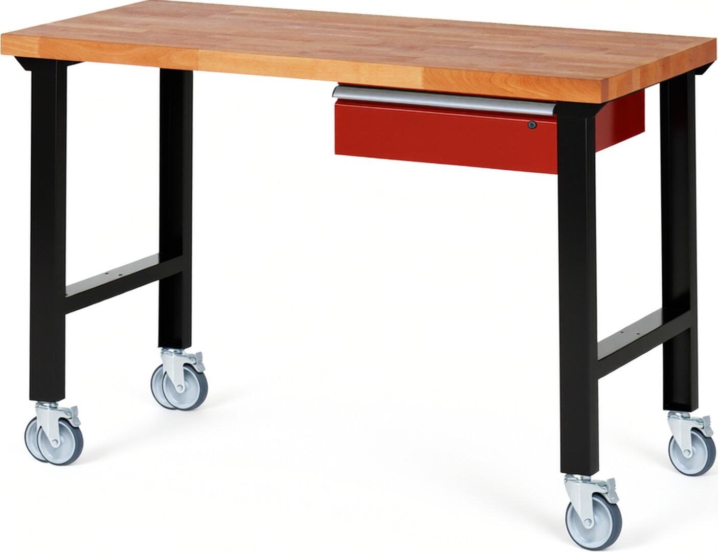 Fahrbare Werkbank Modell 7001 schwarz-rot, BxTxH 1500x700x1000 mm,  Buche-Massiv Arbeitsplatte 40 mm,  1 Schublade mit  Auszug 90 %