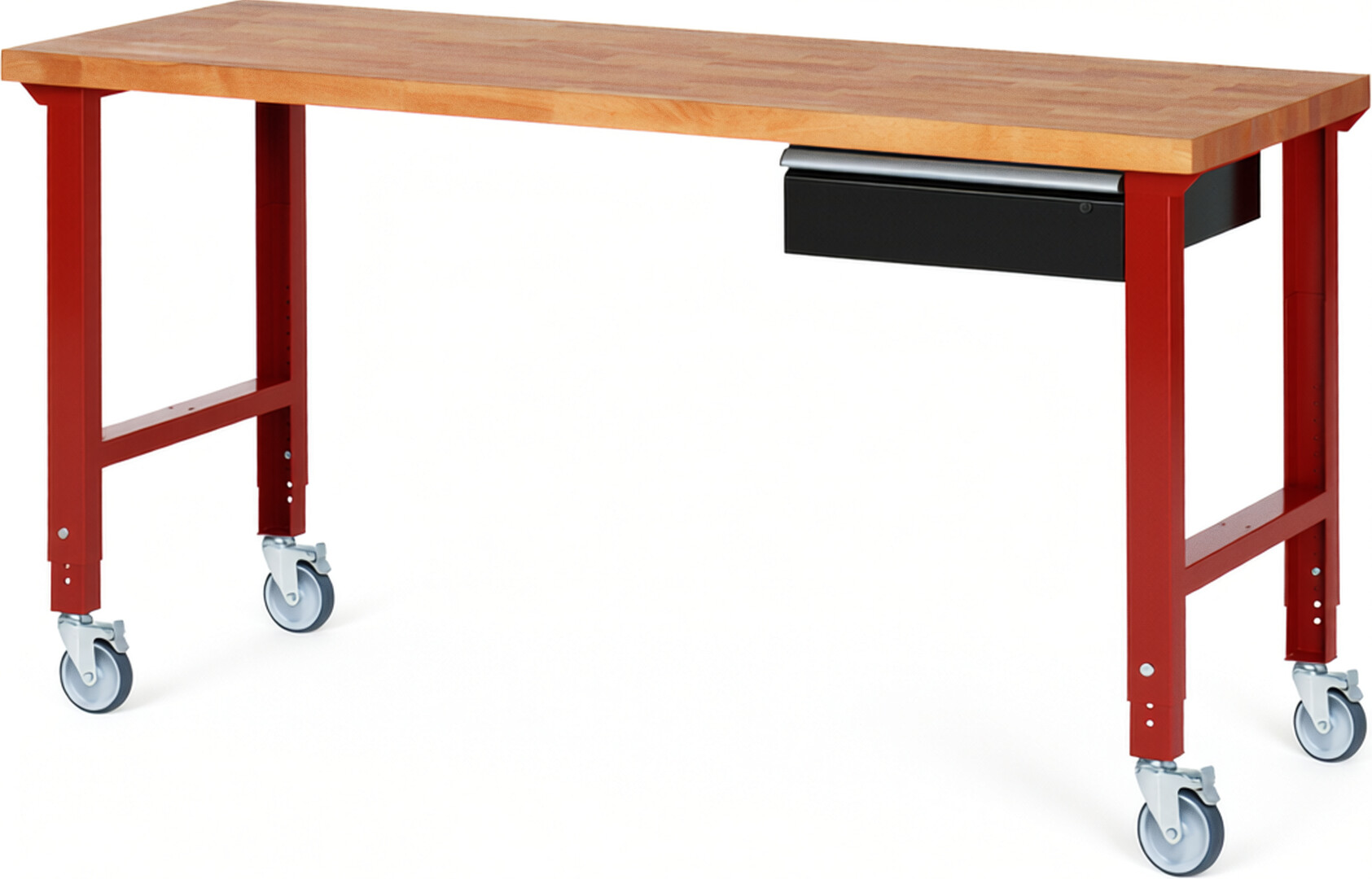 Fahrbare Werkbank Modell 7001 rot - schwarz, BxTxH 2000x700x950-1000 mm,  Buche-Massiv Arbeitsplatte 40 mm,  1 Schublade mit  Auszug 90 %
