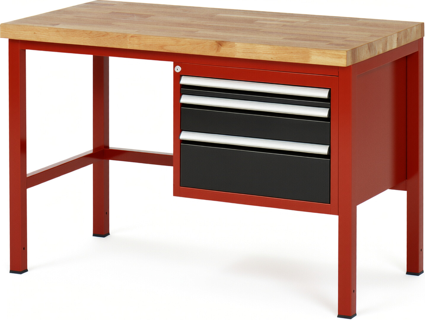 Werkbank Modell 8126 rot - schwarz, BxTxH 1250x700x840 mm,  Buche-Massiv Arbeitsplatte 40 mm,  3 Schubladen mit  Auszug 90 %