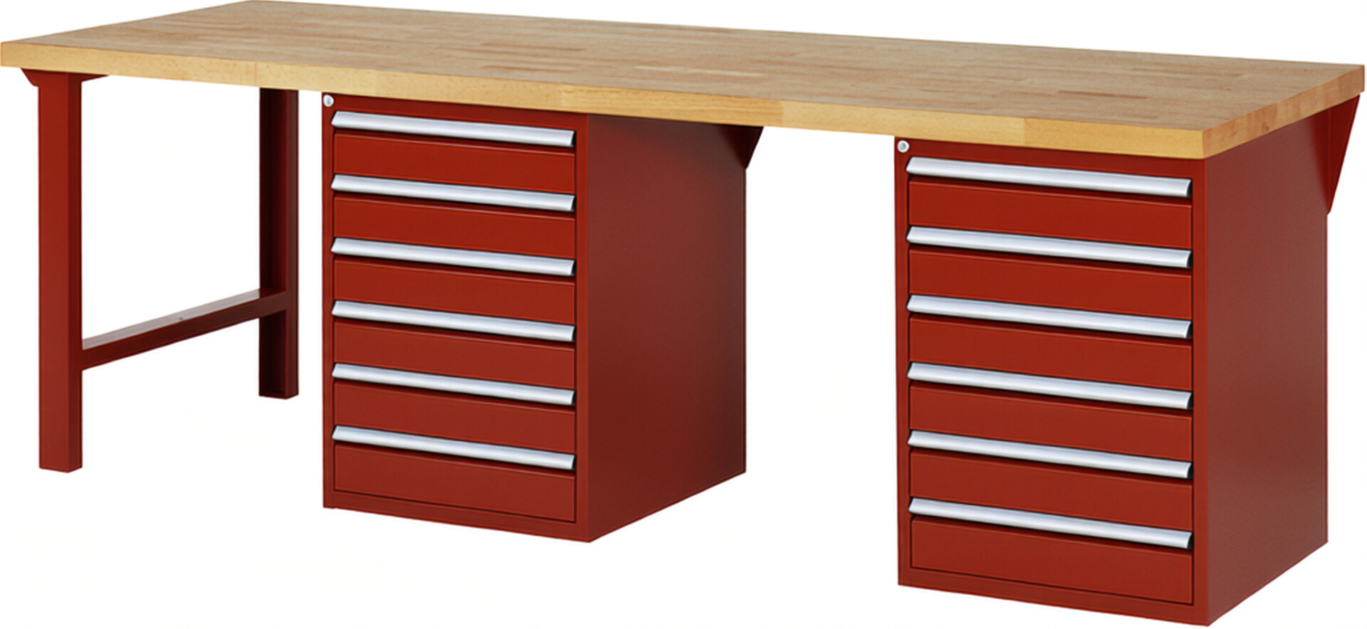 Werkbank Modell 7516 rot, BxTxH 2500x900x840 mm,  Buche-Massiv Arbeitsplatte 40 mm,  12 Schubladen mit  Auszug 90 %