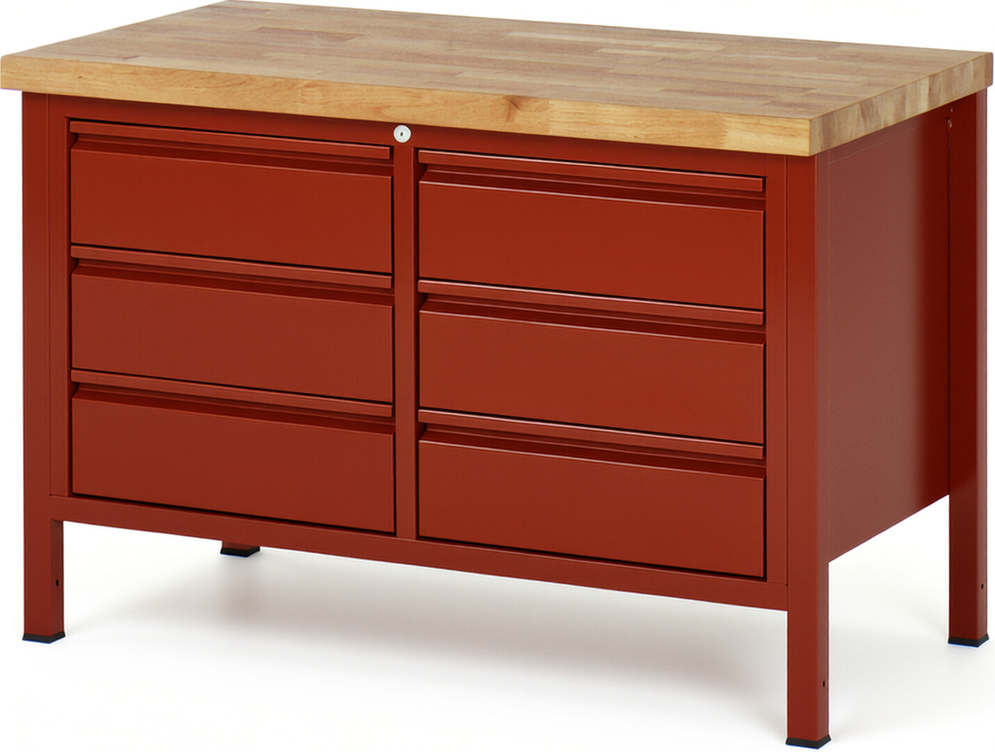 Werkbank rot, BxTxH 1250x700x840 mm, Platte Buche 40 mm, 6 Schubladen 180 mm, RAL 3000/3000