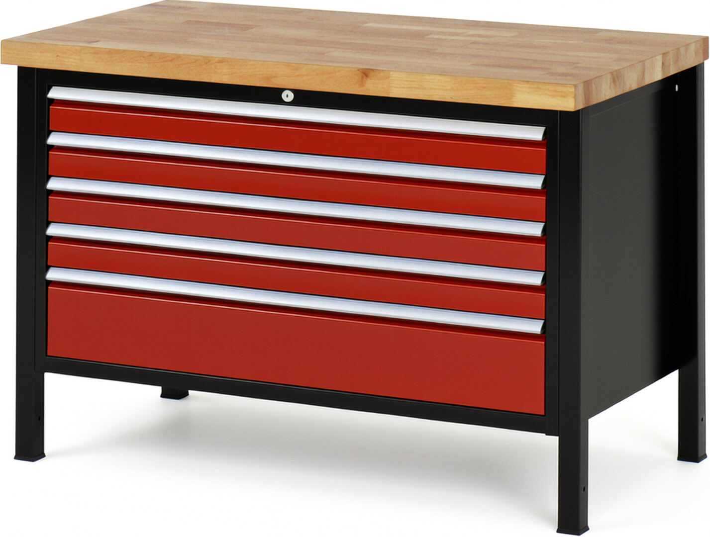 RAU Werkbank schwarz - rot - Breite 125 cm - Tiefe 70 cm - Höhe 104 cm - Buche-Massiv Arbeitsplatte 40 mm