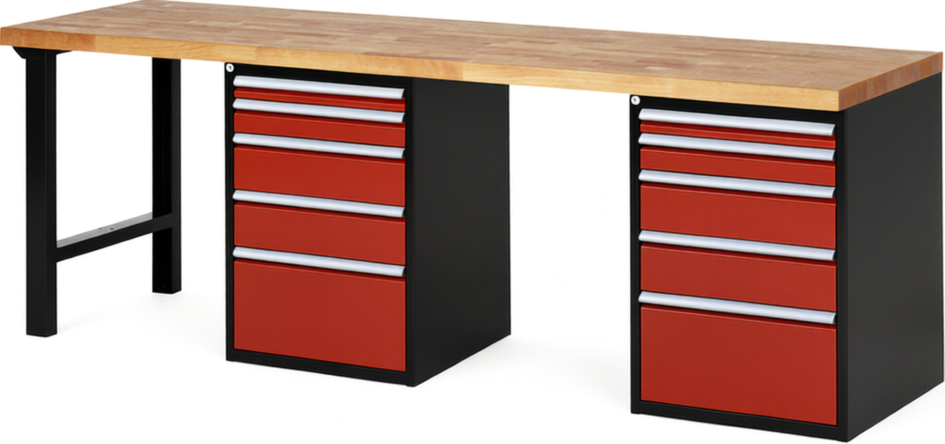 Werkbank Modell 7511 schwarz-rot, BxTxH 2500x700x840 mm,  Buche-Massiv Arbeitsplatte 40 mm,  10 Schubladen mit  Vollauszug 100 % und  SoftClosing