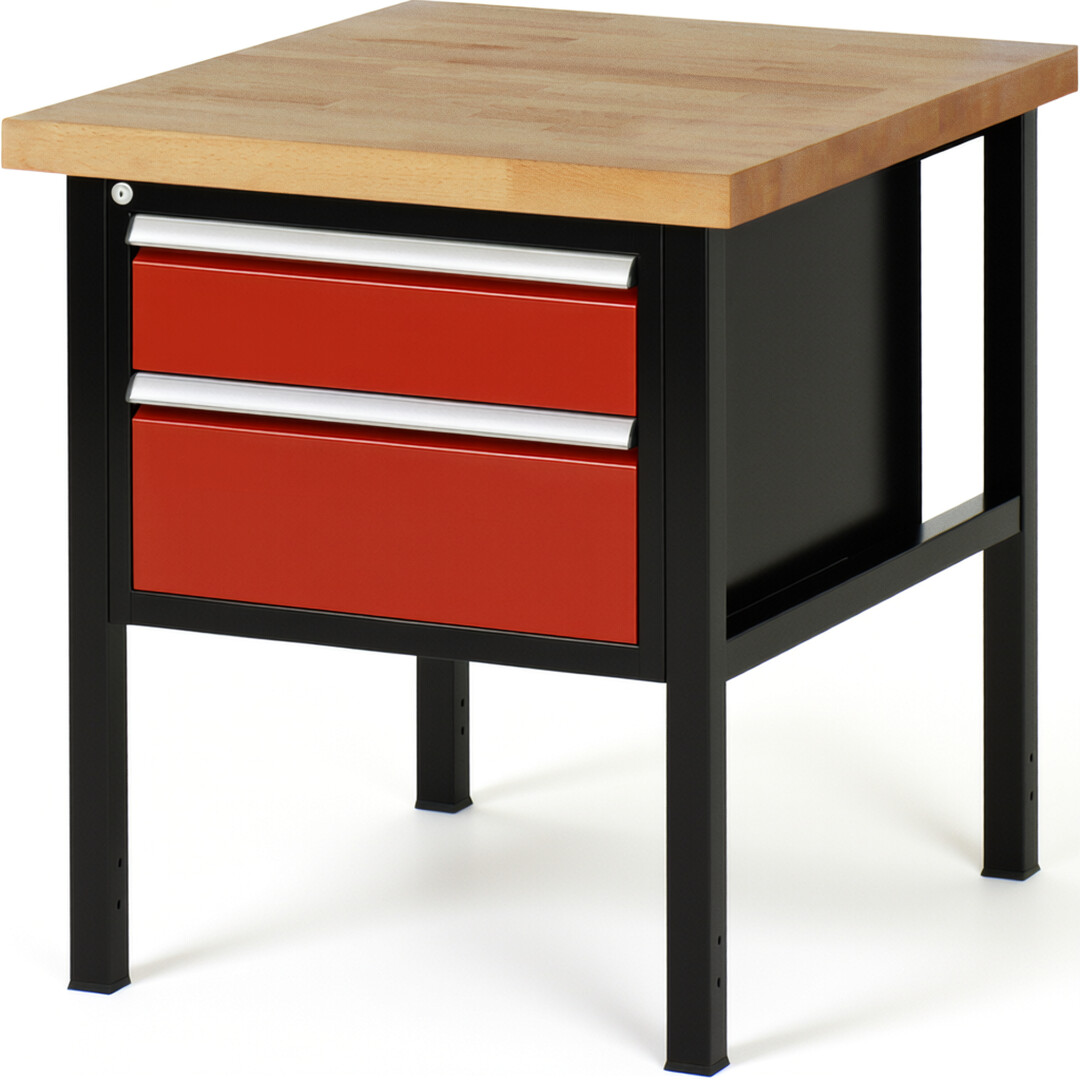 Werkbank Modell 8123 schwarz-rot, BxTxH 750x900x840-1040 mm,  Buche-Massiv Arbeitsplatte 40 mm,  2 Schubladen mit  Vollauszug 100 % und  SoftClosing