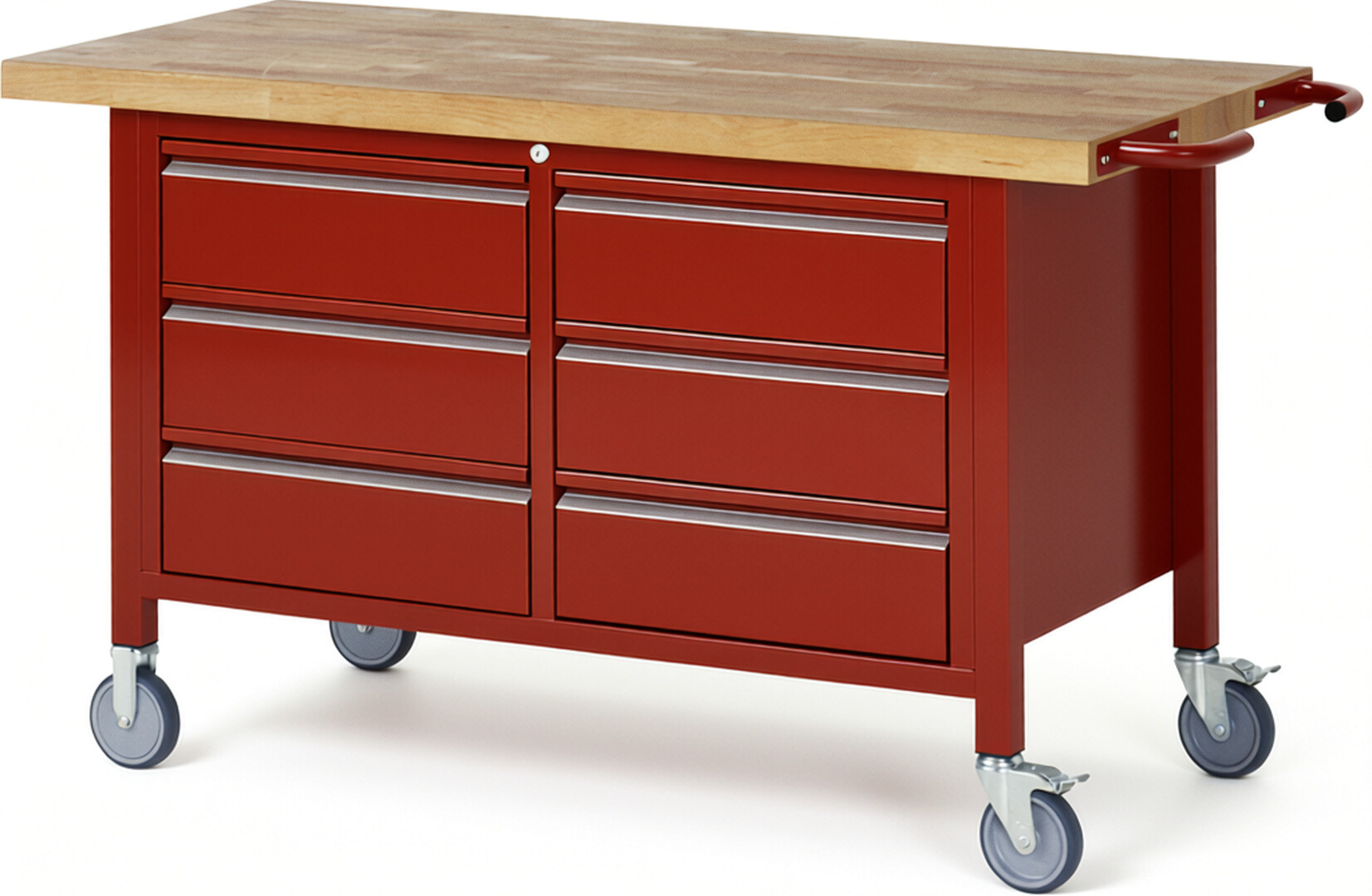 Fahrbare Werkbank - Modell 8473 BASIC rot, BxTxH 1500x700x880 mm,  Buche-Massiv Arbeitsplatte 40 mm,  6 Schubladen mit  Auszug 90 %