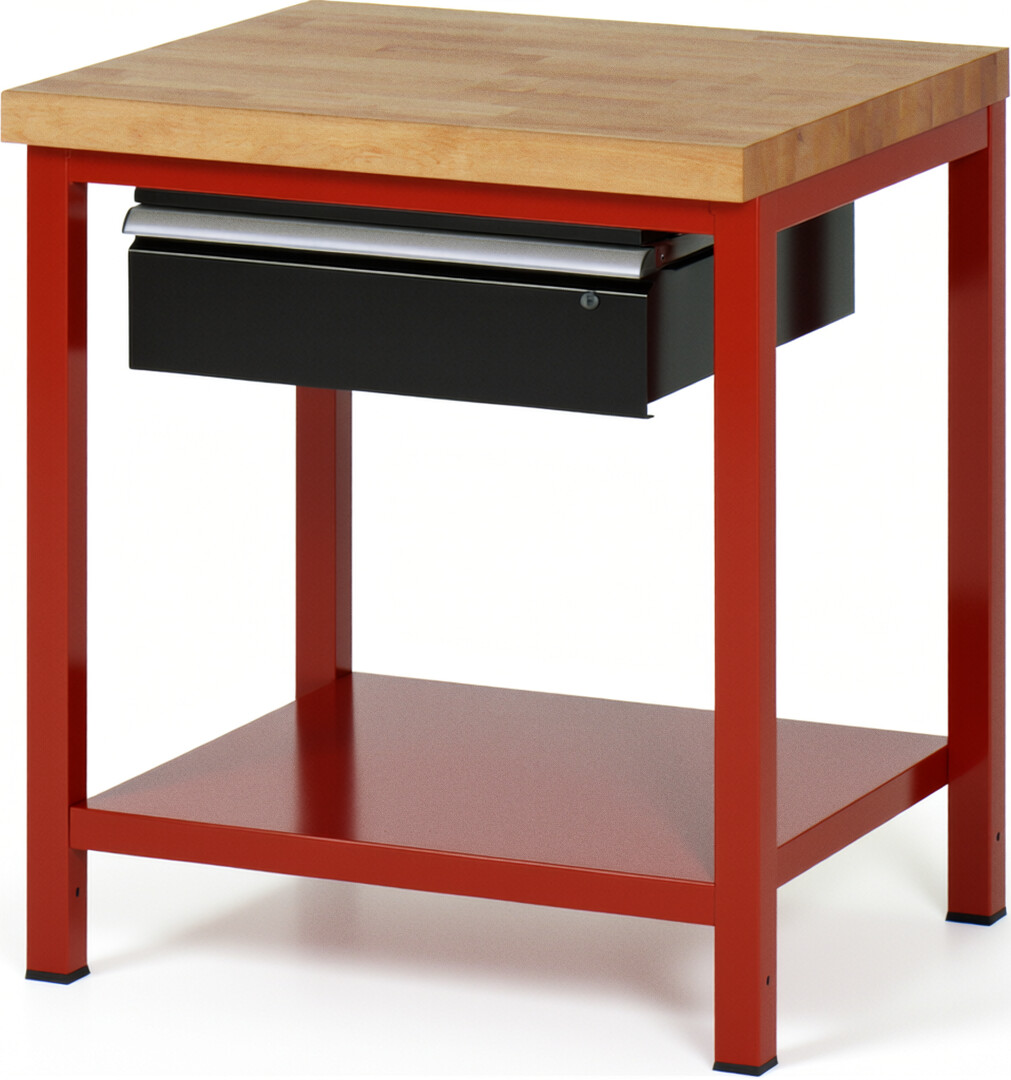 Werkbank Modell 8001 rot - schwarz, BxTxH 750x700x840 mm,  Buche-Massiv Arbeitsplatte 40 mm,  1 Schublade mit  Auszug 90 %