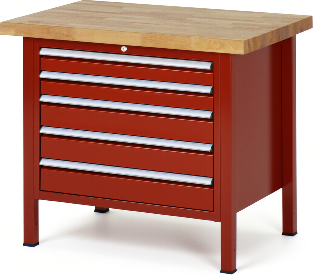 Werkbank Modell 8271 rot, BxTxH 1000x700x840 mm,  Buche-Massiv Arbeitsplatte 40 mm,  5 Schubladen mit  Auszug 90 %
