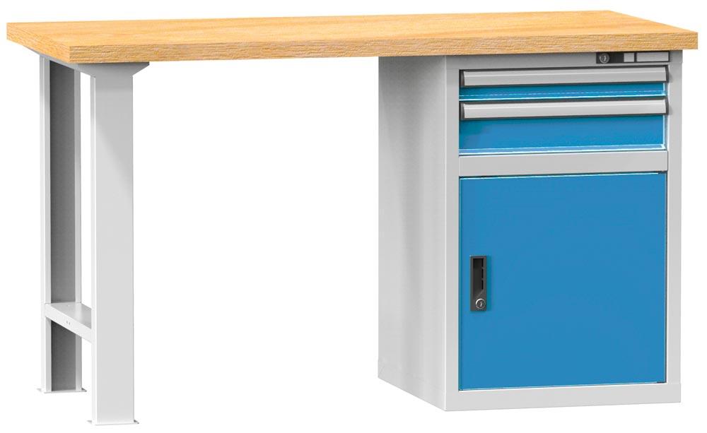 Werkbank, BxTxH 1500x700x880mm, 1 Fuß, 1 Schubladenblock, 2 Schubladen 75 mm, 1 Tür 550 mm, Traglast 1100 kg, RAL 7035/5012