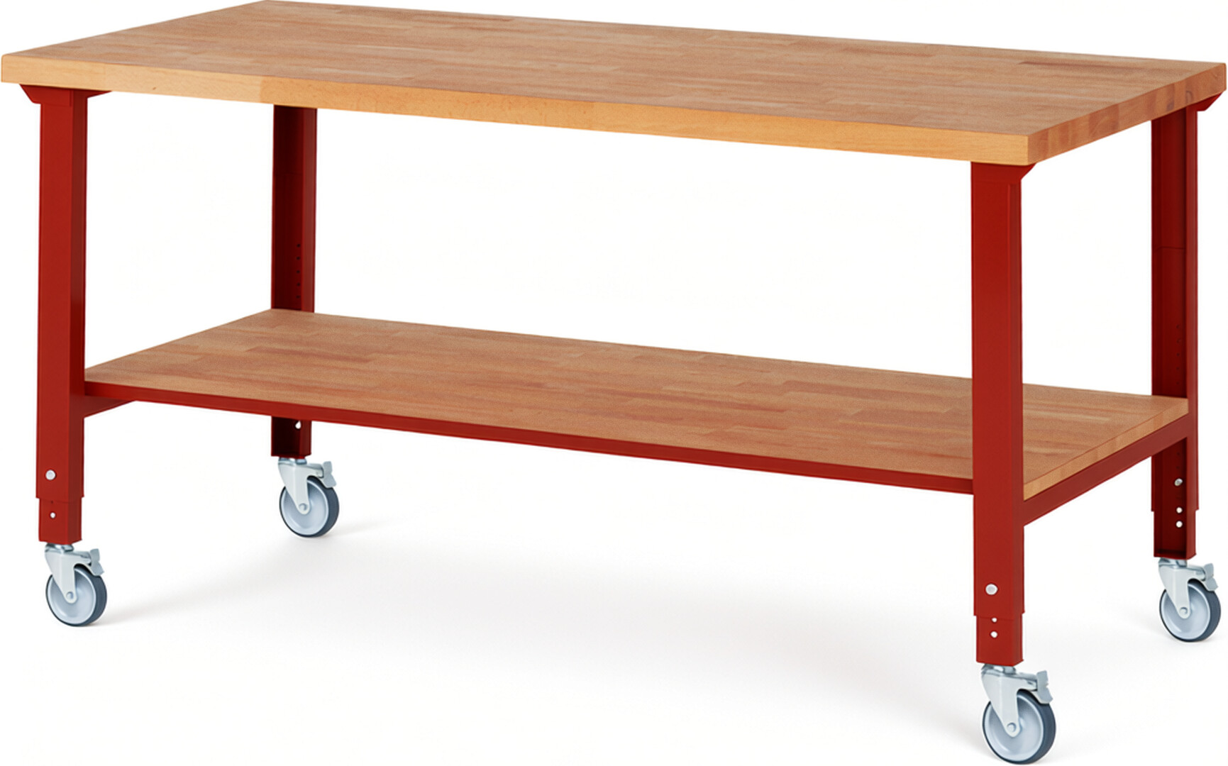 Fahrbare Werkbank Modell 7000 rot, BxTxH 2000x900x950-1000 mm,  Buche-Massiv Arbeitsplatte 40 mm