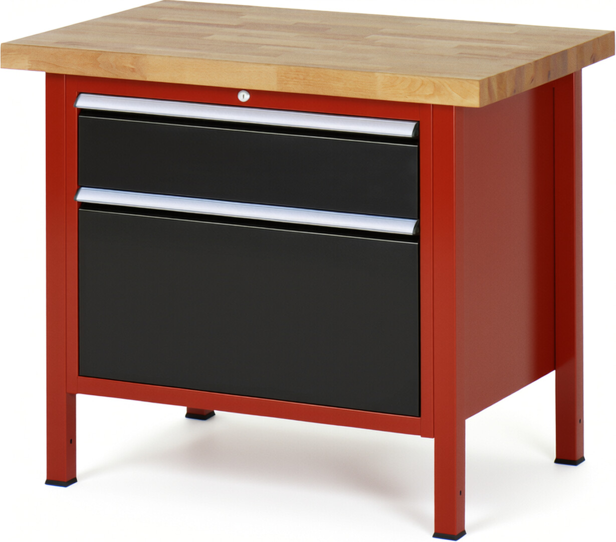 Werkbank Modell 8256 rot - schwarz, BxTxH 1000x700x840-1040 mm,  Buche-Massiv Arbeitsplatte 40 mm,  2 Schubladen mit  Vollauszug 100 % und  SoftClosing
