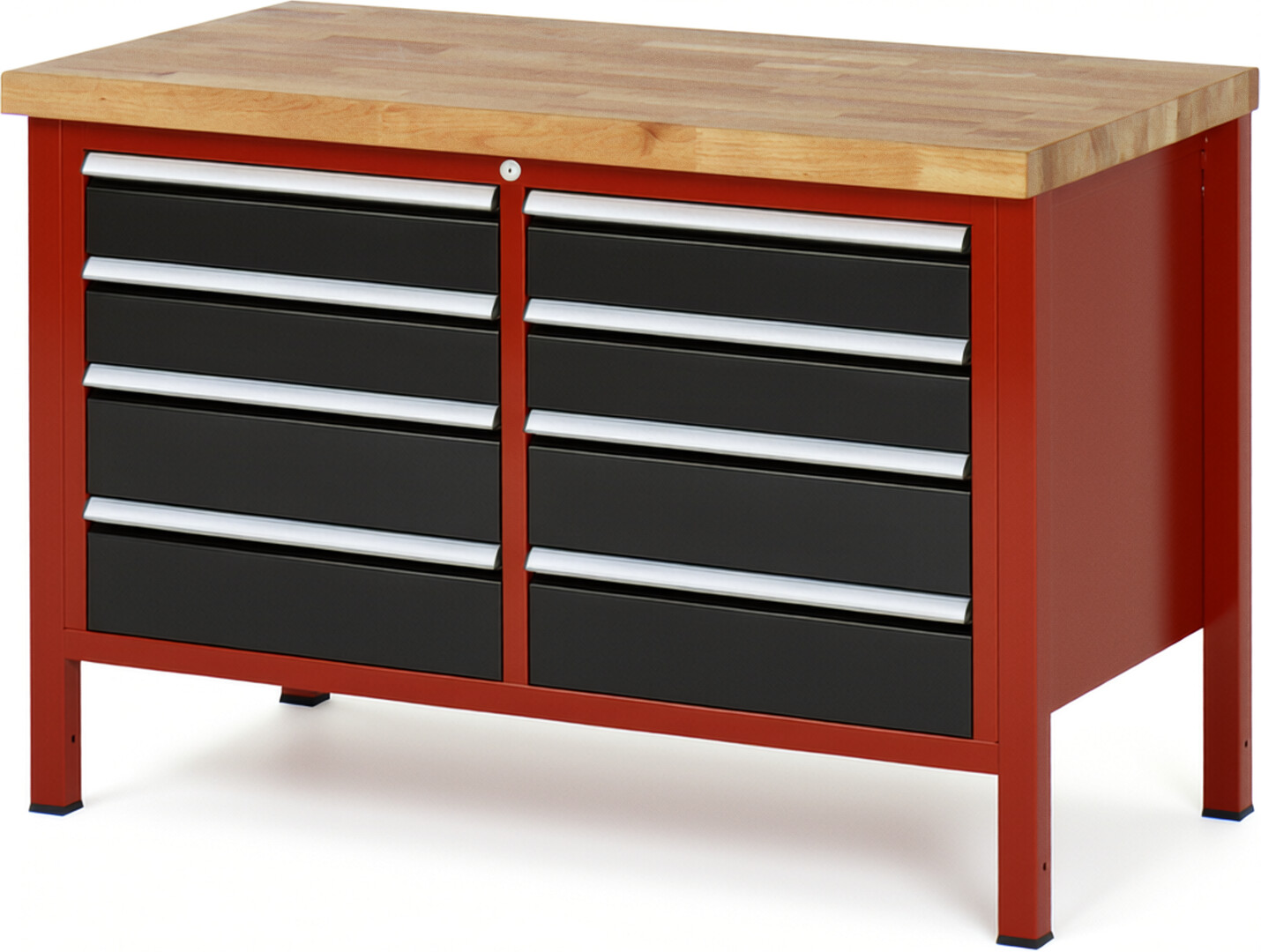 Werkbank Modell 8477 rot - schwarz, BxTxH 1250x700x840 mm,  Buche-Massiv Arbeitsplatte 40 mm,  8 Schubladen mit  Vollauszug 100 % und  SoftClosing
