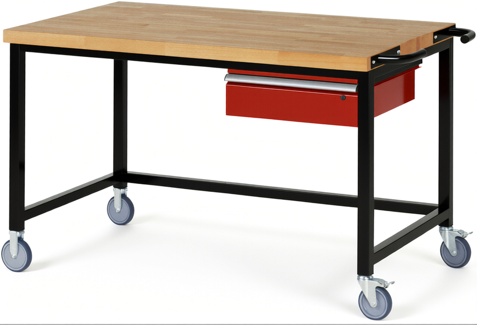 RAU Werkbank schwarz - rot - Breite 150 cm - Tiefe 90 cm - Höhe 108 cm - Buche-Massiv Arbeitsplatte 40 mm