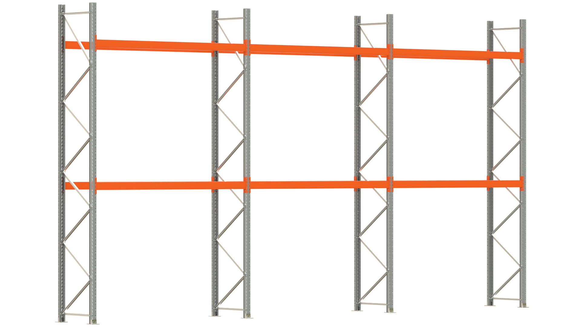 Palettenregal ARTUS - Breite 844 cm - Höhe 450 cm - Tiefe 80 cm - 2 Träger-Ebenen - max. Fachlast 2100 kg - 18 Palettenstellplätze