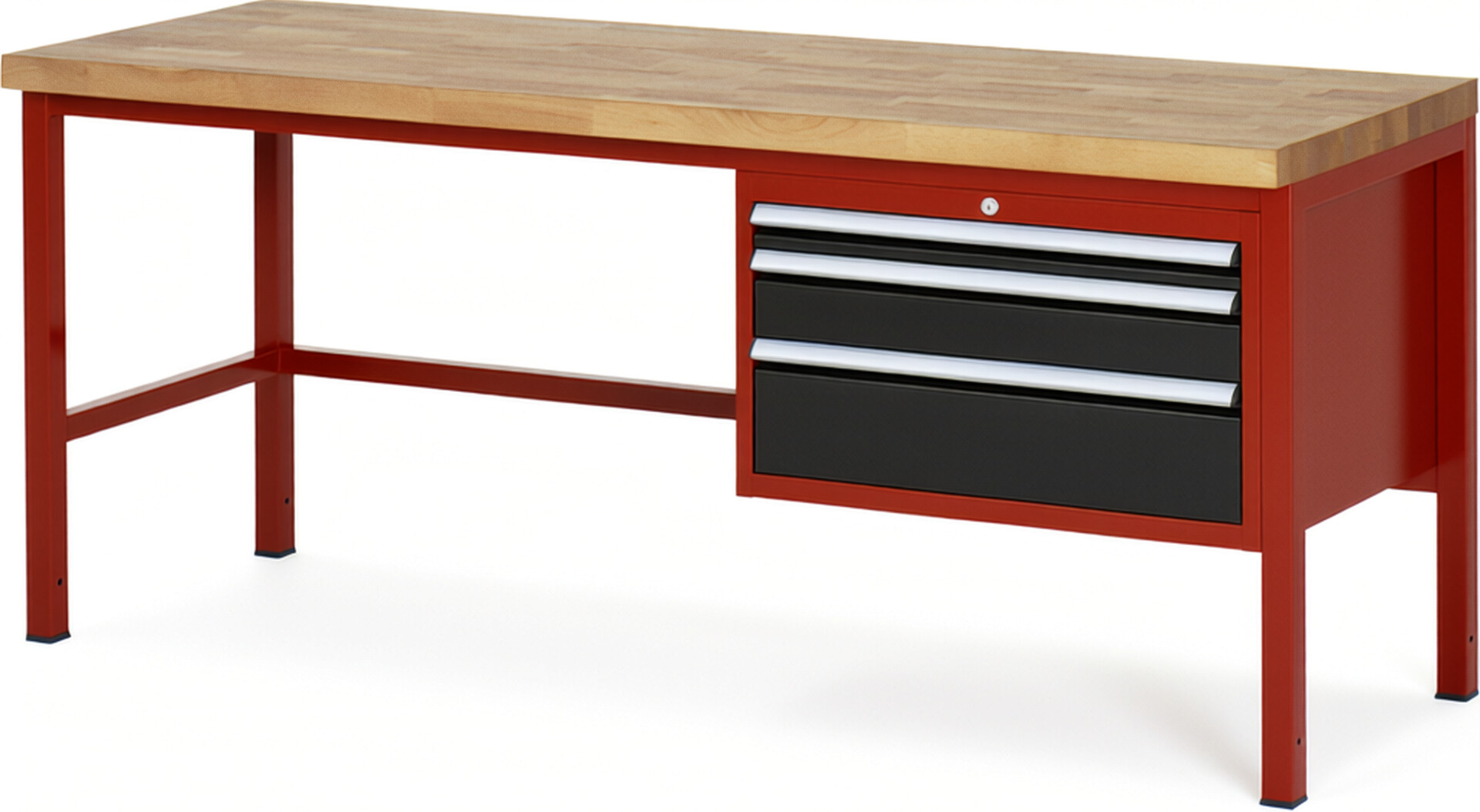 Werkbank Modell 8226 rot - schwarz, BxTxH 2000x700x840 mm,  Buche-Massiv Arbeitsplatte 40 mm,  3 Schubladen mit  Vollauszug 100 % und  SoftClosing