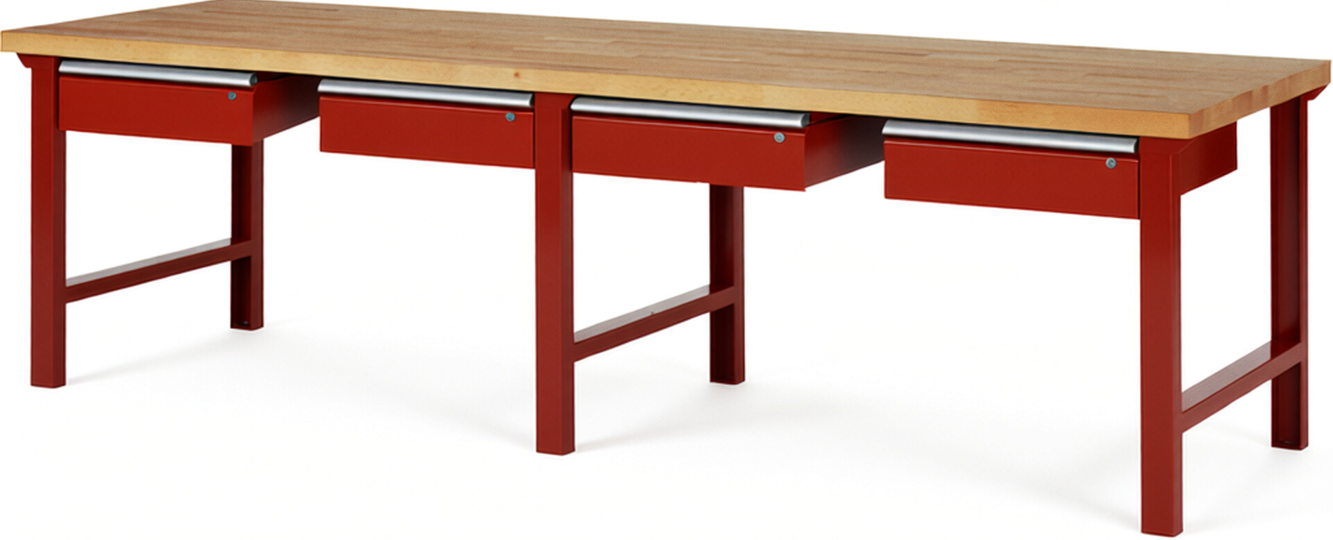 Werkbank Modell 7002 rot, BxTxH 3000x900x840 mm,  Buche-Massiv Arbeitsplatte 40 mm,  4 Schubladen mit  Auszug 90 %