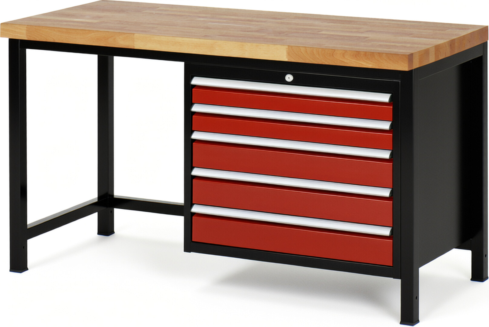 Werkbank Modell 8271 schwarz-rot, BxTxH 1500x700x840-1040 mm,  Buche-Massiv Arbeitsplatte 40 mm,  5 Schubladen mit  Vollauszug 100 % und  SoftClosing