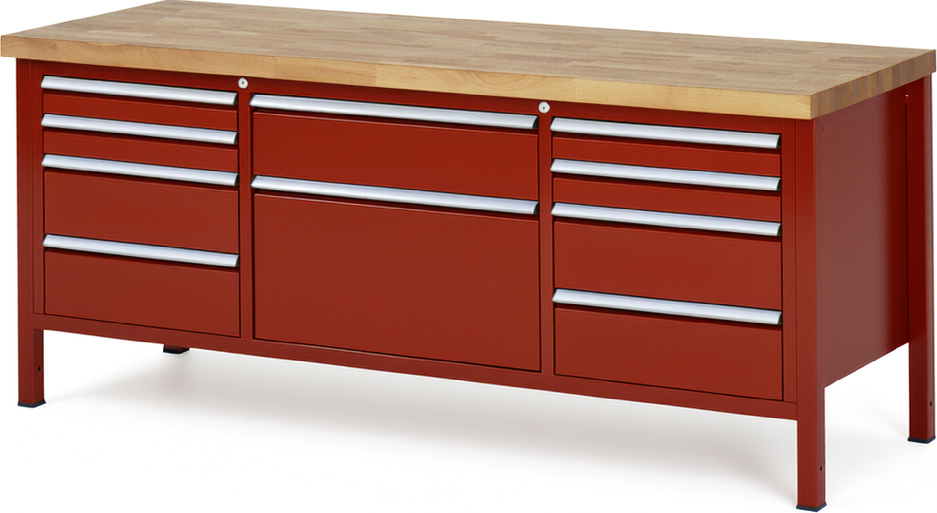 Werkbank Modell 8755 rot, BxTxH 2000x700x840-1040 mm,  Buche-Massiv Arbeitsplatte 40 mm,  10 Schubladen mit  Vollauszug 100 % und  SoftClosing