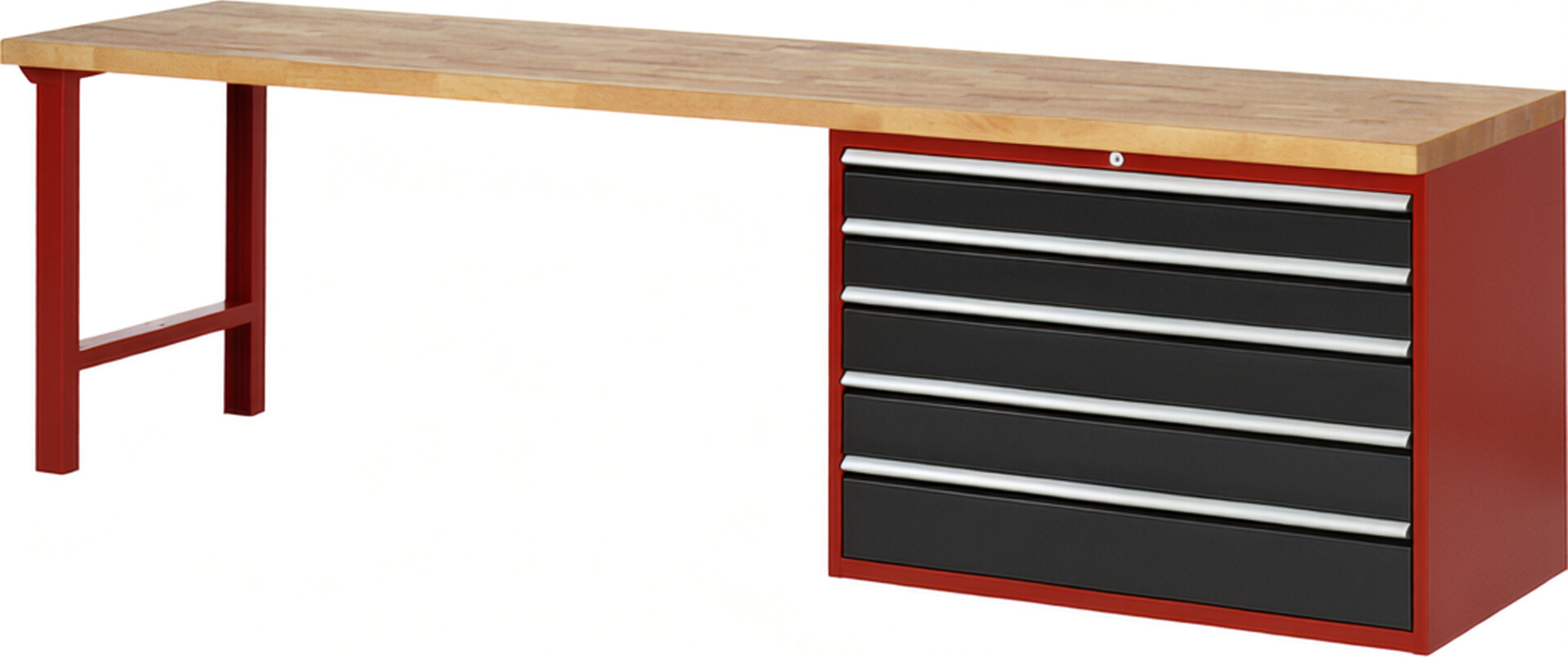 Werkbank Modell 7713 rot - schwarz, BxTxH 3000x700x890 mm,  Buche-Massiv Arbeitsplatte 40 mm,  5 Schubladen mit  Auszug 90 %