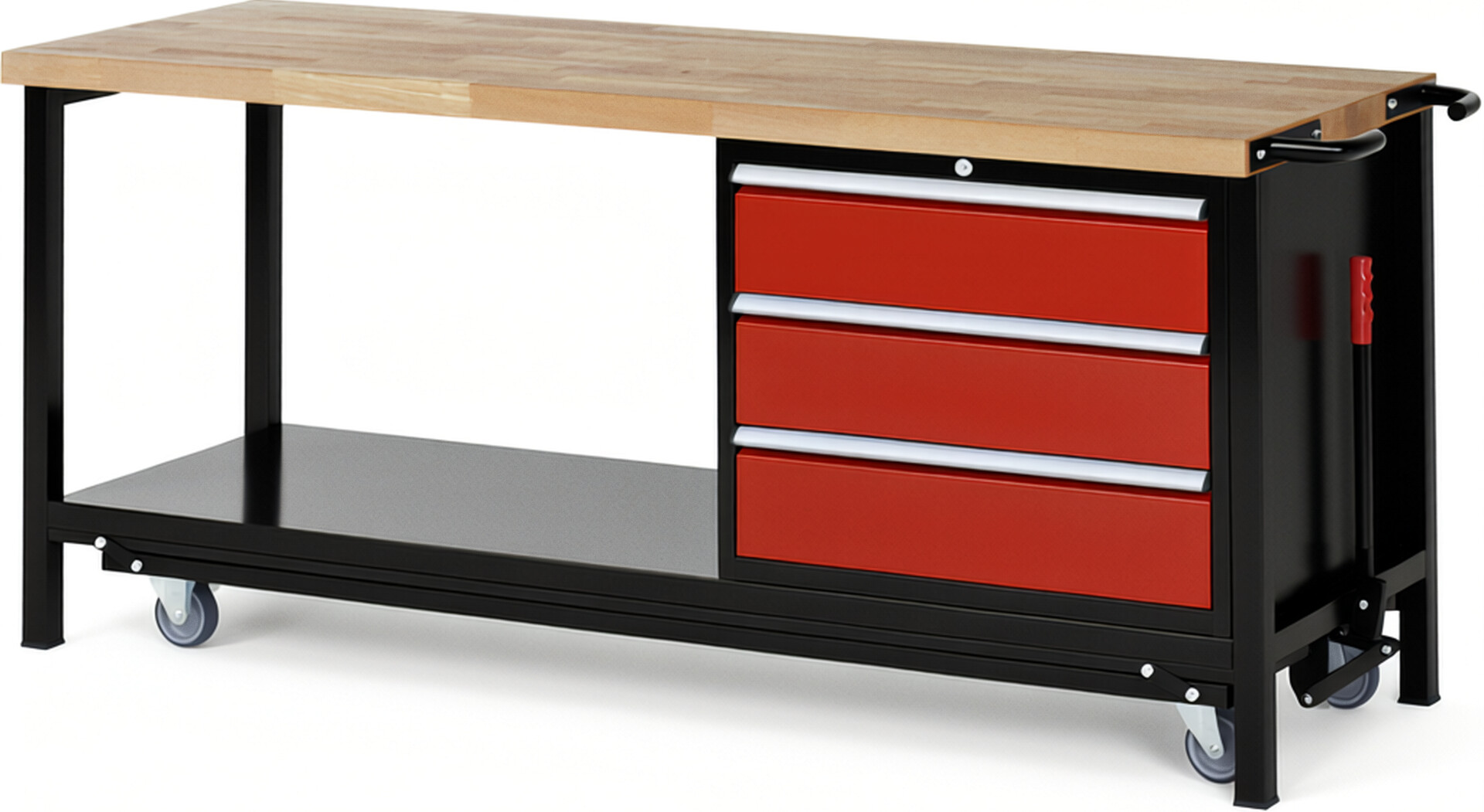 RAU Werkbank schwarz - rot - Breite 200 cm - Tiefe 70 cm - Höhe 88 cm - Buche-Massiv Arbeitsplatte 40 mm