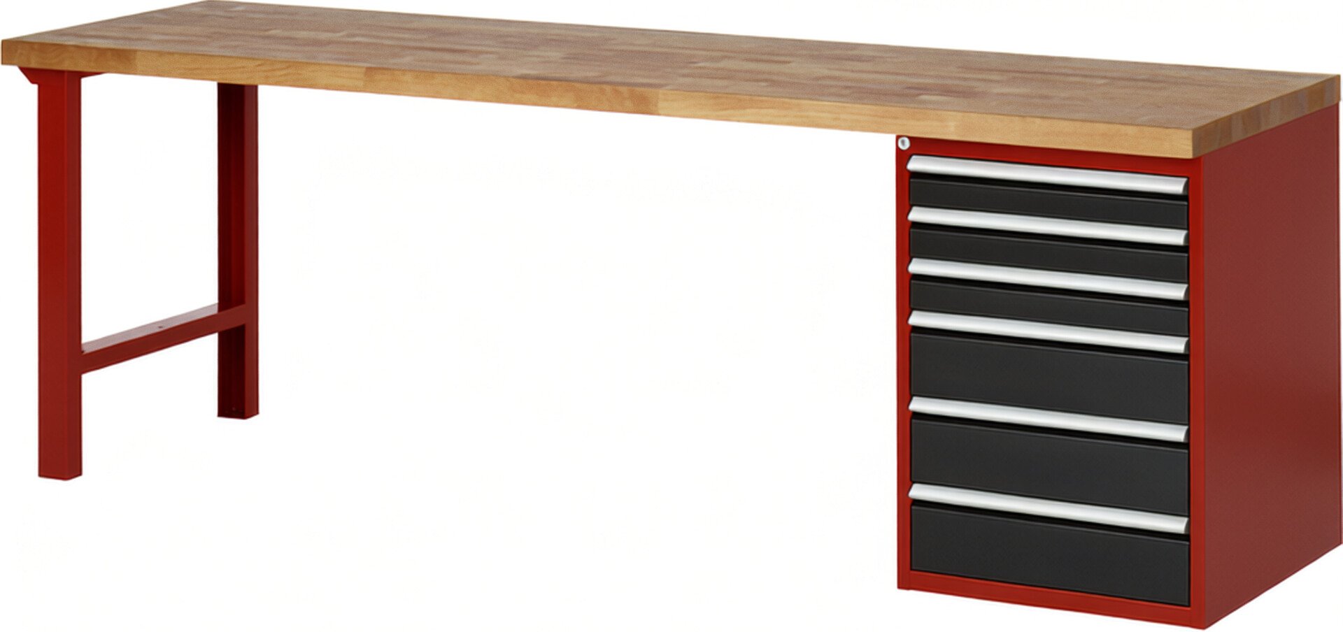 Werkbank Modell 7515 rot - schwarz, BxTxH 2500x700x890 mm,  Buche-Massiv Arbeitsplatte 40 mm,  6 Schubladen mit  Vollauszug 100 % und  SoftClosing