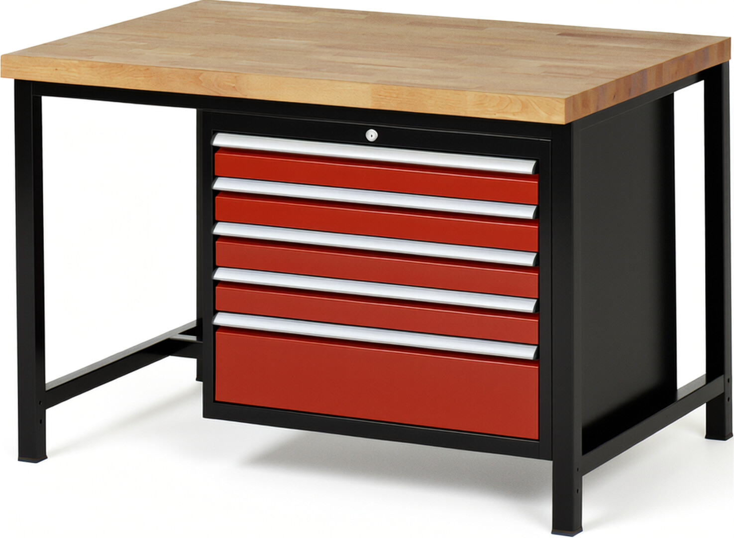 RAU Werkbank schwarz - rot - Breite 125 cm - Tiefe 90 cm - Höhe 104 cm - Buche-Massiv Arbeitsplatte 40 mm