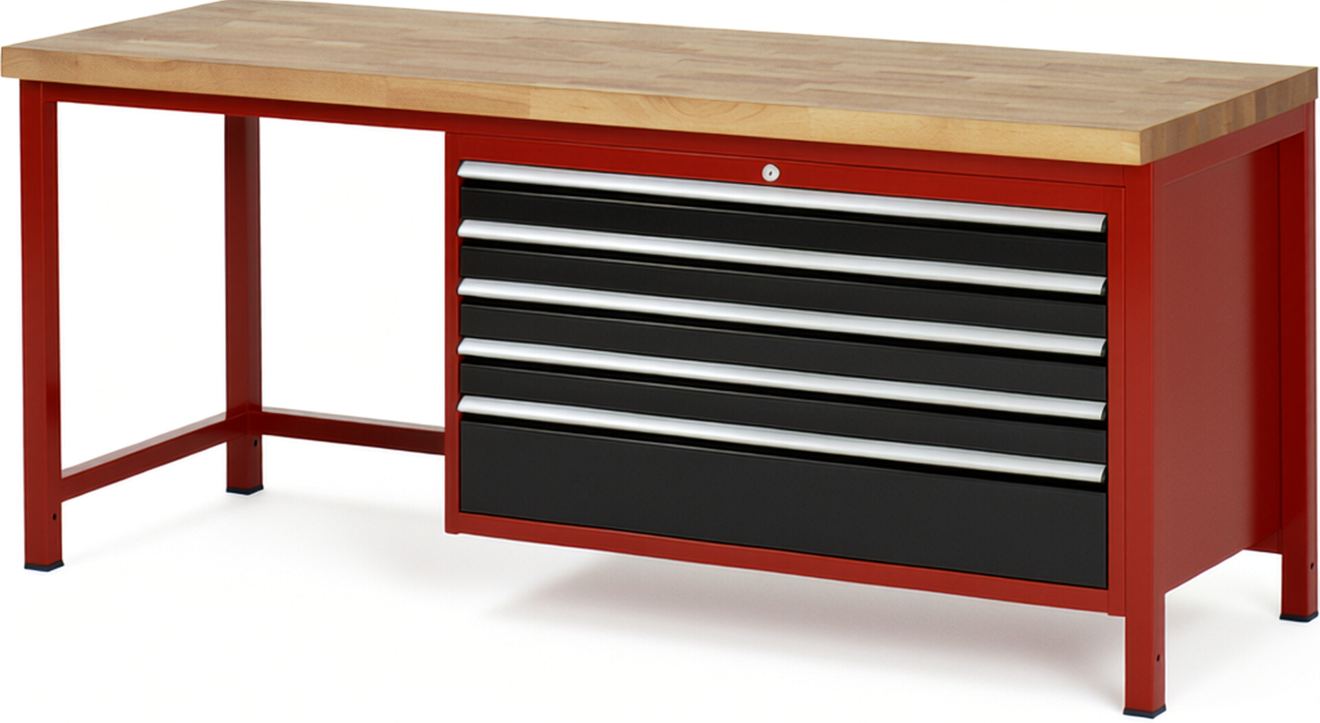 Werkbank Modell 8368 rot - schwarz, BxTxH 2000x700x840 mm,  Buche-Massiv Arbeitsplatte 40 mm,  5 Schubladen mit  Vollauszug 100 % und  SoftClosing