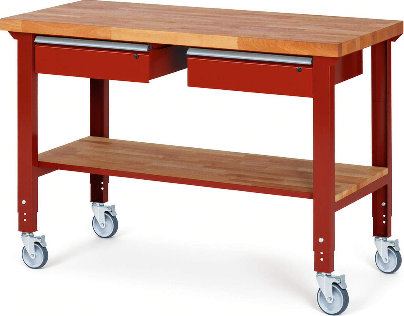 Fahrbare Werkbank Modell 7002 rot, BxTxH 1500x700x950-1000 mm,  Buche-Massiv Arbeitsplatte 40 mm,  2 Schubladen mit  Auszug 90 %