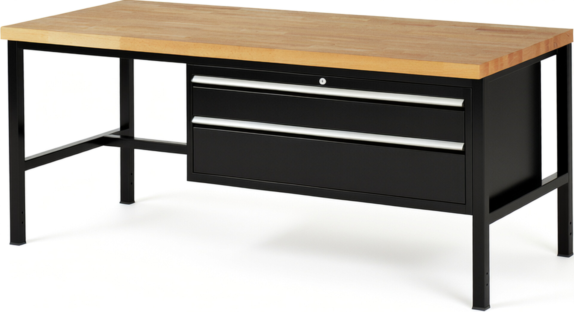 Werkbank Modell 8323 schwarz, BxTxH 2000x900x840-1040 mm,  Buche-Massiv Arbeitsplatte 40 mm,  2 Schubladen mit  Vollauszug 100 % und  SoftClosing