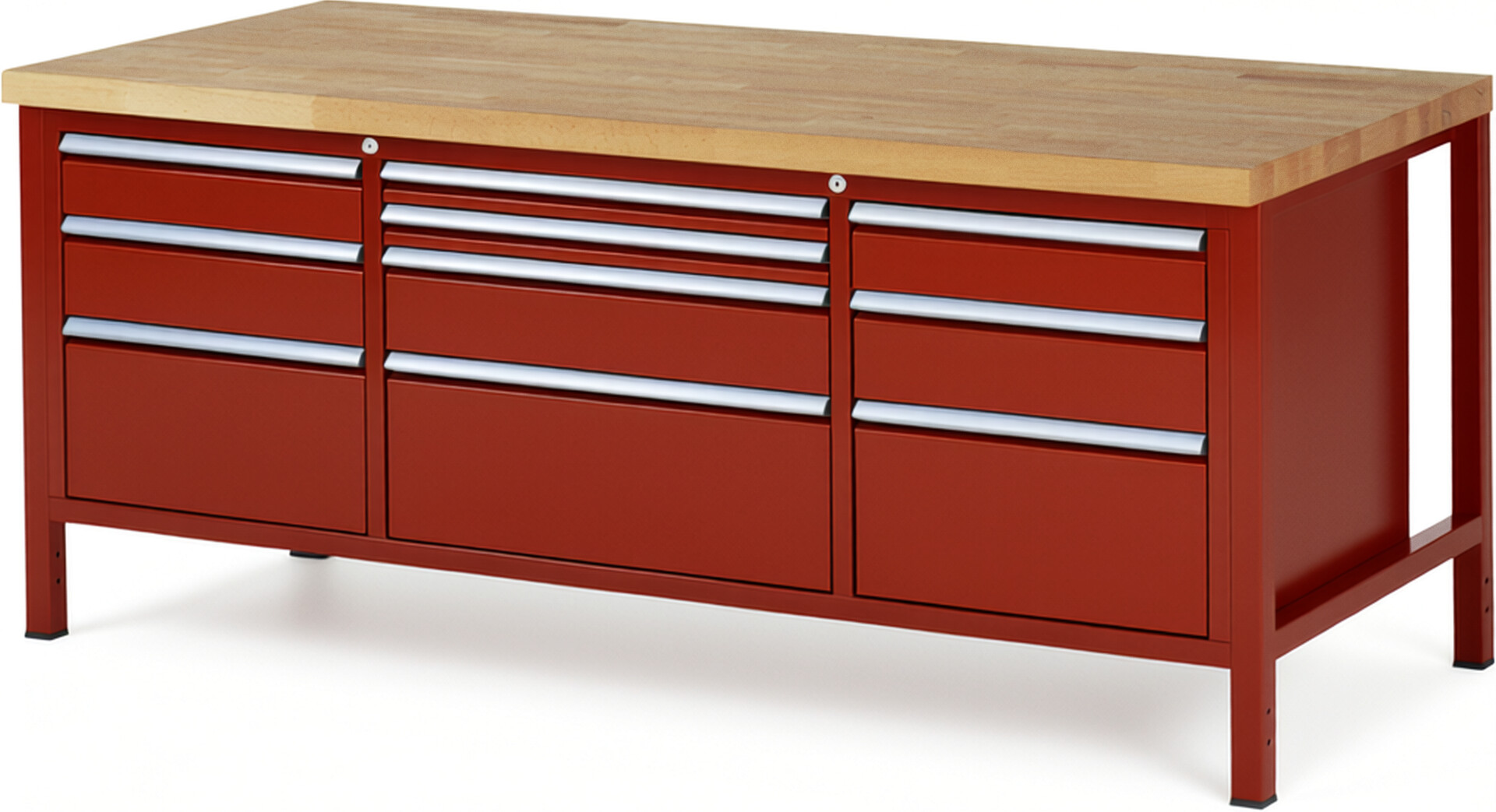 Werkbank Modell 8756 rot, BxTxH 2000x900x840 mm,  Buche-Massiv Arbeitsplatte 40 mm,  10 Schubladen mit  Vollauszug 100 % und  SoftClosing