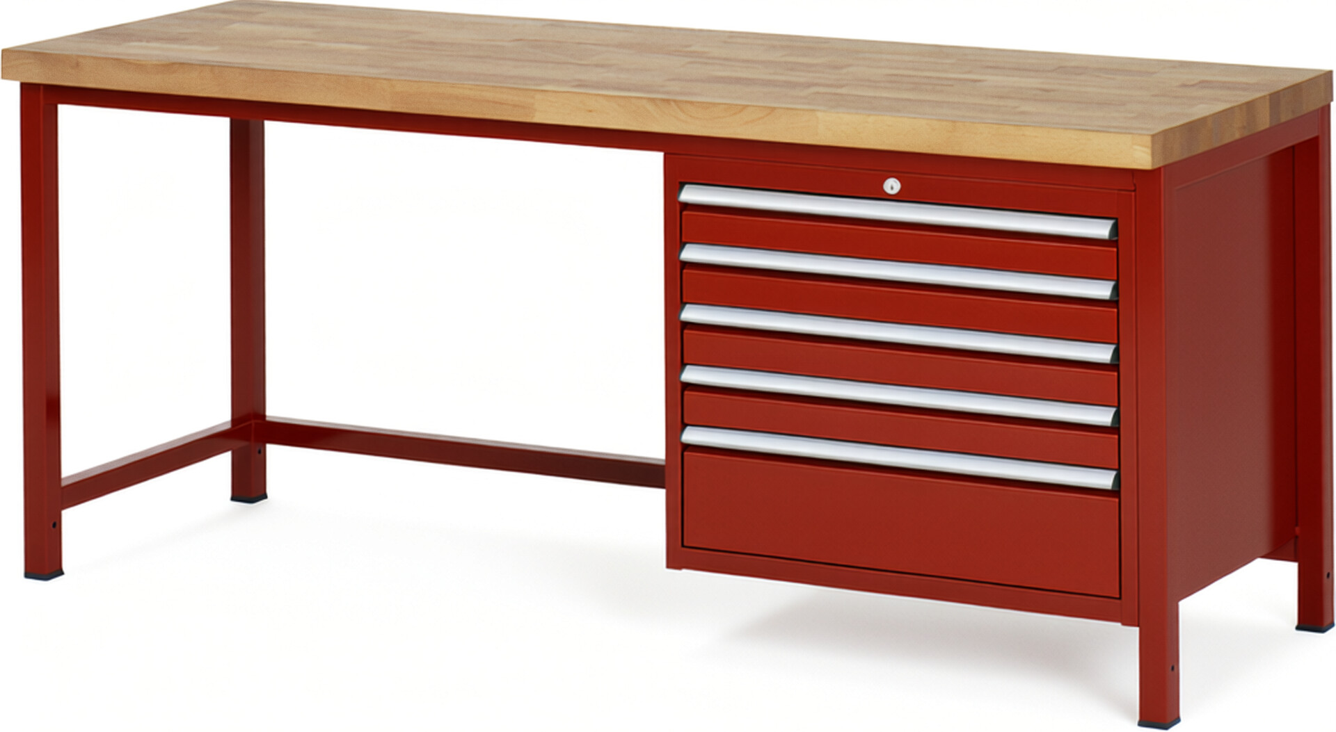 Werkbank Modell 8268 rot, BxTxH 2000x700x840-1040 mm,  Buche-Massiv Arbeitsplatte 40 mm,  5 Schubladen mit  Auszug 90 %