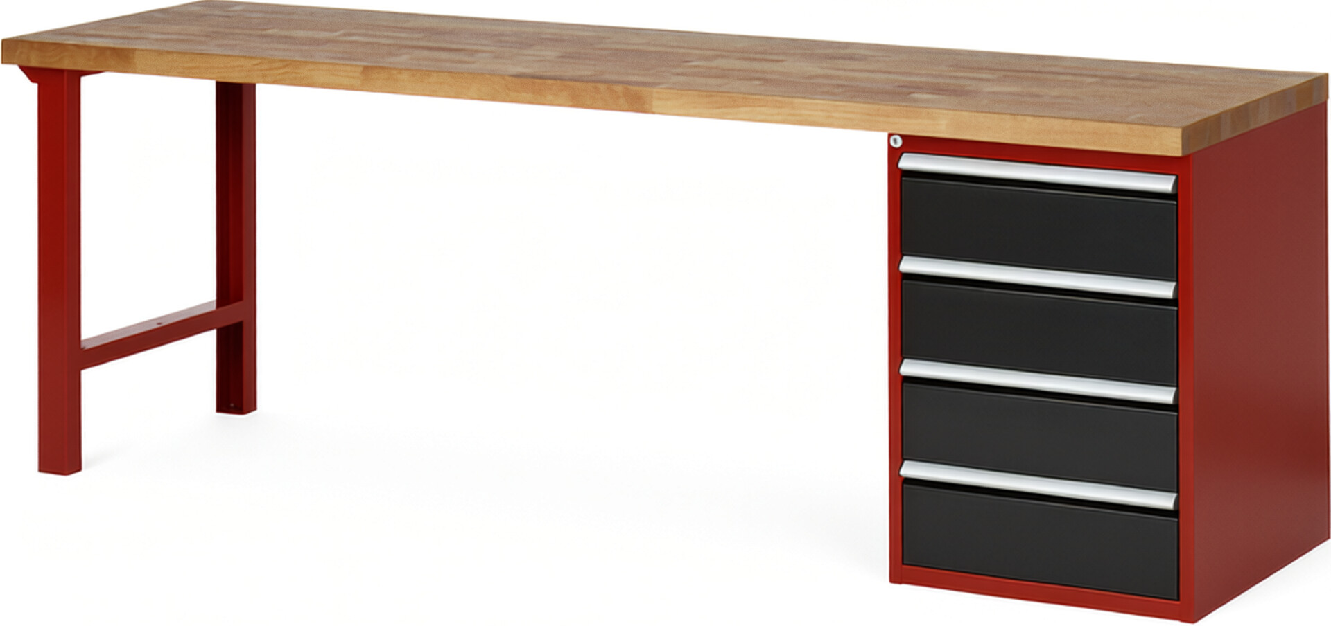 RAU Werkbank rot - schwarz - Breite 250 cm - Tiefe 70 cm - Höhe 84 cm - Buche-Massiv Arbeitsplatte 40 mm