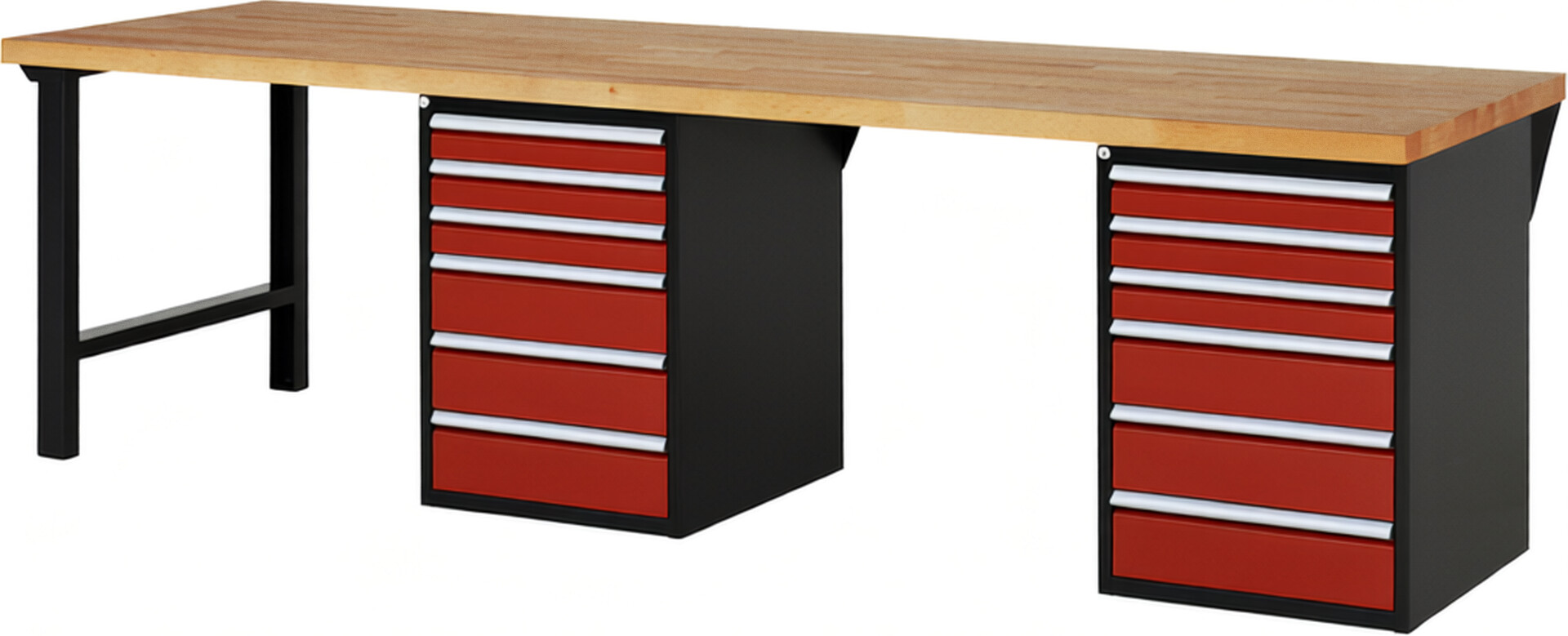 Werkbank Modell 7515 schwarz-rot, BxTxH 3000x900x890 mm,  Buche-Massiv Arbeitsplatte 40 mm,  12 Schubladen mit  Vollauszug 100 % und  SoftClosing