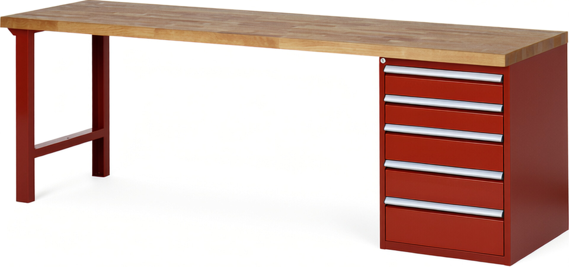 RAU Werkbank rot - Breite 250 cm - Tiefe 70 cm - Höhe 84 cm - Buche-Massiv Arbeitsplatte 40 mm