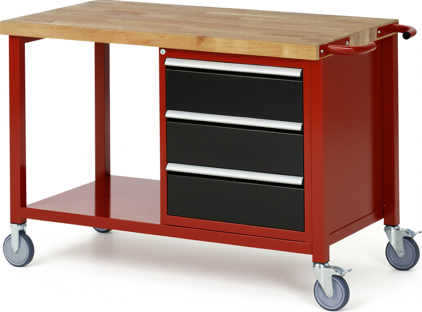 Fahrbare Werkbank Modell 8157 rot - schwarz, BxTxH 1250x700x880-1080 mm,  Buche-Massiv Arbeitsplatte 40 mm,  3 Schubladen mit  Auszug 90 %