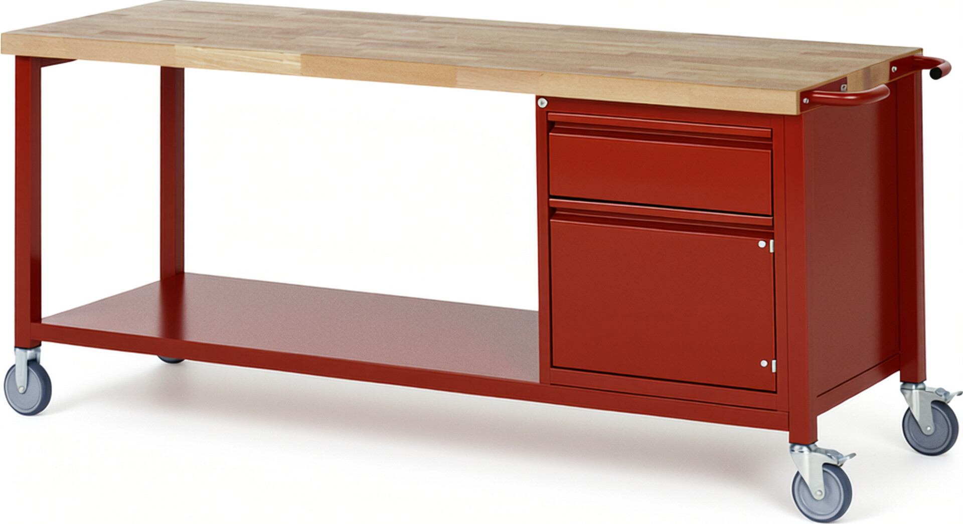 Fahrbare Werkbank - Modell 8152 BASIC rot, BxTxH 2000x700x880 mm,  Buche-Massiv Arbeitsplatte 40 mm,  1 Schublade mit  Auszug 90 %