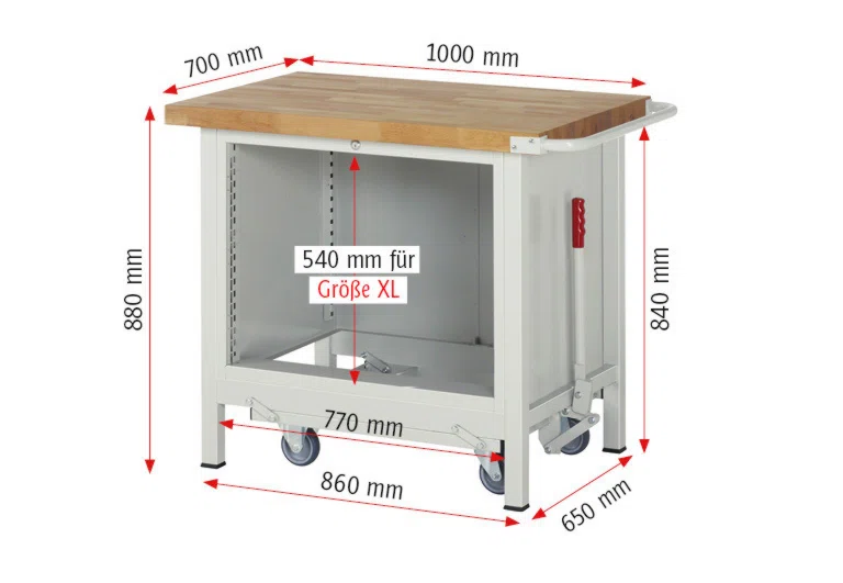 Absenkbare Werkbank Modell 8262 rot - schwarz, BxTxH 1000x700x880 mm,  Buche-Massiv Arbeitsplatte 40 mm,  4 Schubladen mit  Auszug 90 %