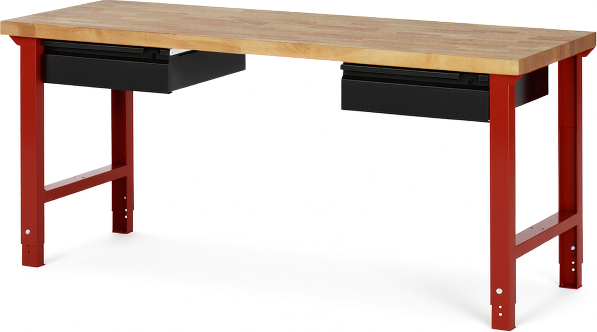 Werkbank - Modell 7002 BASIC rot - schwarz, BxTxH 2000x700x790-1140 mm,  Buche-Massiv Arbeitsplatte 40 mm,  2 Schubladen mit  Auszug 90 %
