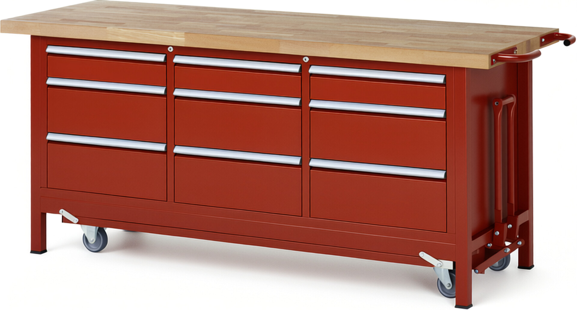Absenkbare Werkbank Modell 8573 rot, BxTxH 2000x700x880 mm,  Buche-Massiv Arbeitsplatte 40 mm,  9 Schubladen mit  Vollauszug 100 % und  SoftClosing