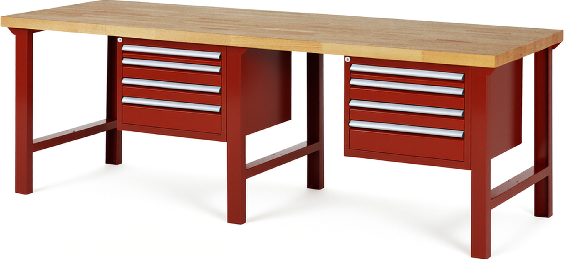 RAU Werkbank rot - Breite 250 cm - Tiefe 90 cm - Höhe 84 cm - Buche-Massiv Arbeitsplatte 40 mm