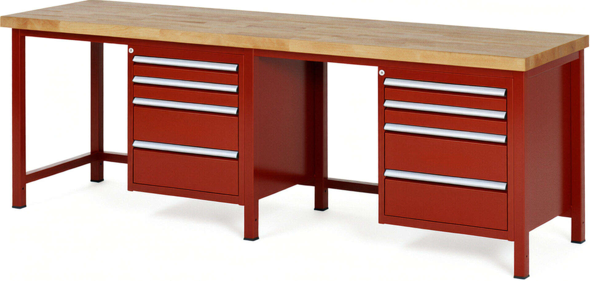 RAU Werkbank rot - Breite 250 cm - Tiefe 70 cm - Höhe 104 cm - Buche-Massiv Arbeitsplatte 40 mm